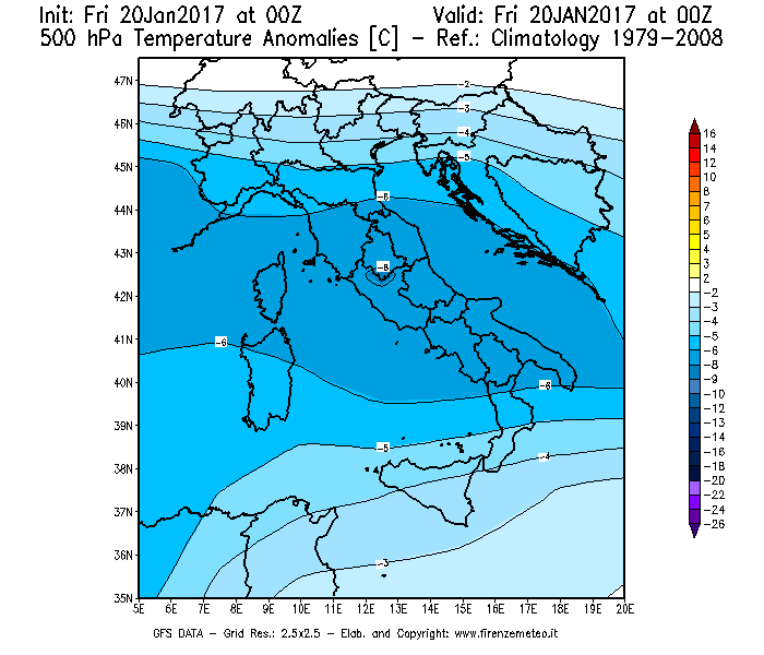 Mappa di analisi GFS - Anomalia Temperatura [°C] a 500 hPa in Italia
							del 20/01/2017 00 <!--googleoff: index-->UTC<!--googleon: index-->