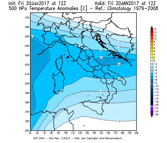Mappa di analisi GFS - Anomalia Temperatura [°C] a 500 hPa in Italia
									del 20/01/2017 12 <!--googleoff: index-->UTC<!--googleon: index-->