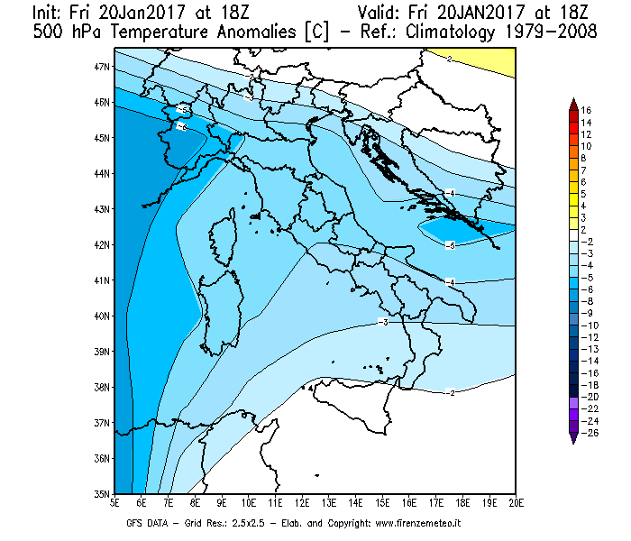 Mappa di analisi GFS - Anomalia Temperatura [°C] a 500 hPa in Italia
									del 20/01/2017 18 <!--googleoff: index-->UTC<!--googleon: index-->