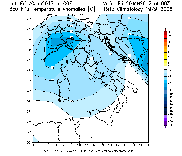 Mappa di analisi GFS - Anomalia Temperatura [°C] a 850 hPa in Italia
							del 20/01/2017 00 <!--googleoff: index-->UTC<!--googleon: index-->