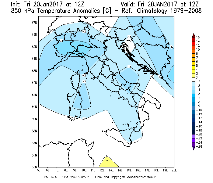 Mappa di analisi GFS - Anomalia Temperatura [°C] a 850 hPa in Italia
									del 20/01/2017 12 <!--googleoff: index-->UTC<!--googleon: index-->