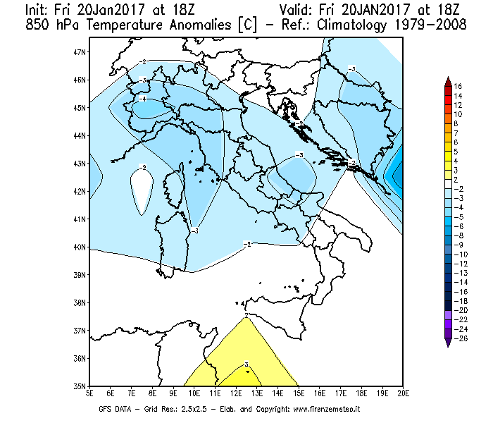 Mappa di analisi GFS - Anomalia Temperatura [°C] a 850 hPa in Italia
									del 20/01/2017 18 <!--googleoff: index-->UTC<!--googleon: index-->