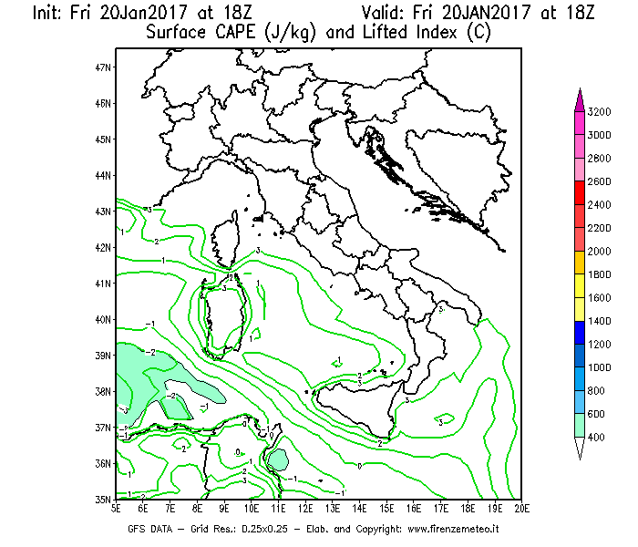 Mappa di analisi GFS - CAPE [J/kg] e Lifted Index [°C] in Italia
							del 20/01/2017 18 <!--googleoff: index-->UTC<!--googleon: index-->