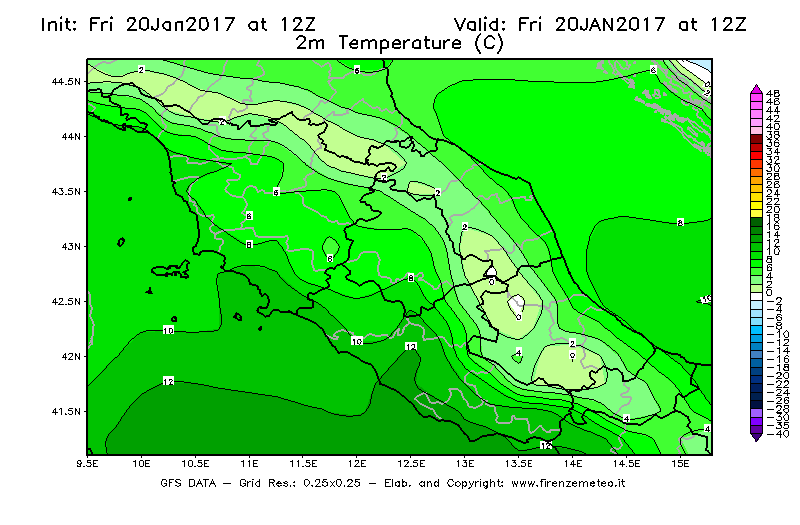 Mappa di analisi GFS - Temperatura a 2 metri dal suolo [°C] in Centro-Italia
									del 20/01/2017 12 <!--googleoff: index-->UTC<!--googleon: index-->
