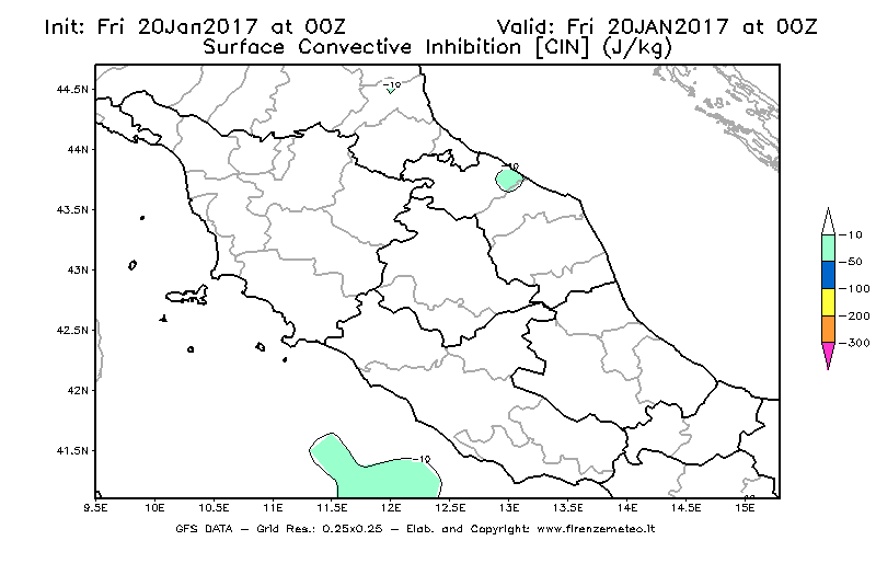 Mappa di analisi GFS - CIN [J/kg] in Centro-Italia
							del 20/01/2017 00 <!--googleoff: index-->UTC<!--googleon: index-->