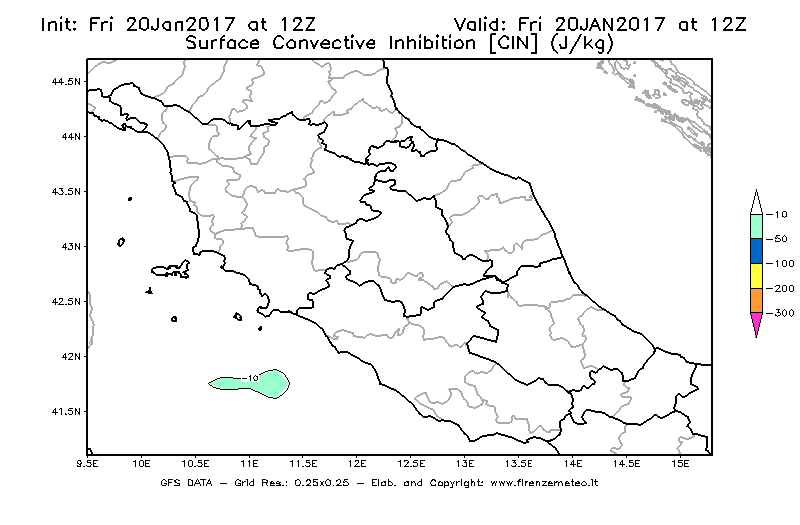 Mappa di analisi GFS - CIN [J/kg] in Centro-Italia
									del 20/01/2017 12 <!--googleoff: index-->UTC<!--googleon: index-->