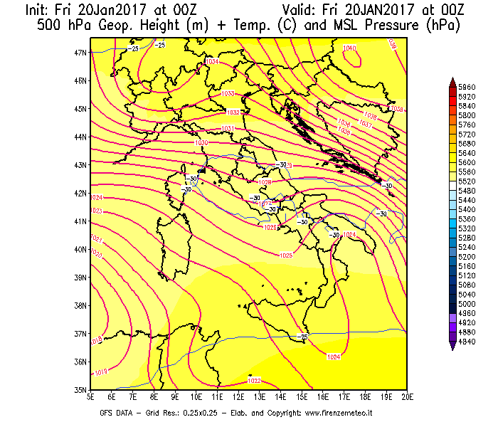 Mappa di analisi GFS - Geopotenziale [m] + Temp. [°C] a 500 hPa + Press. a livello del mare [hPa] in Italia
									del 20/01/2017 00 <!--googleoff: index-->UTC<!--googleon: index-->