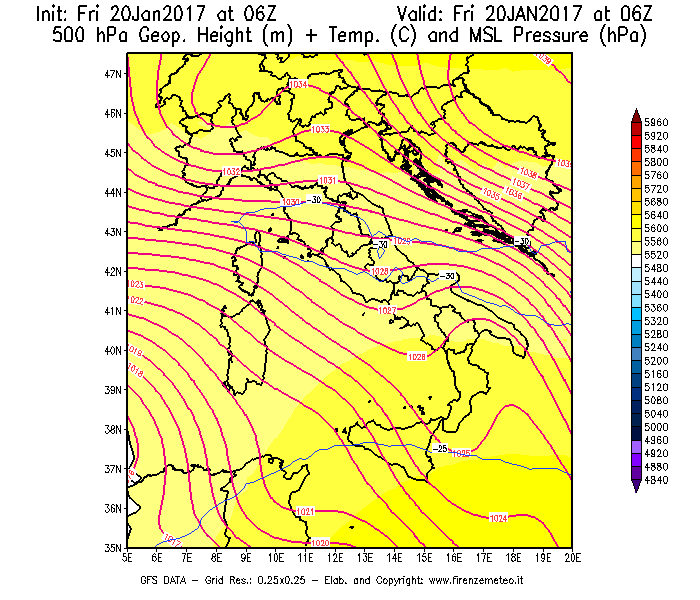Mappa di analisi GFS - Geopotenziale [m] + Temp. [°C] a 500 hPa + Press. a livello del mare [hPa] in Italia
									del 20/01/2017 06 <!--googleoff: index-->UTC<!--googleon: index-->