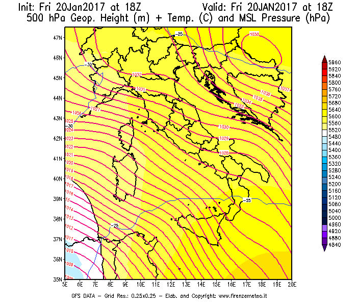 Mappa di analisi GFS - Geopotenziale [m] + Temp. [°C] a 500 hPa + Press. a livello del mare [hPa] in Italia
							del 20/01/2017 18 <!--googleoff: index-->UTC<!--googleon: index-->