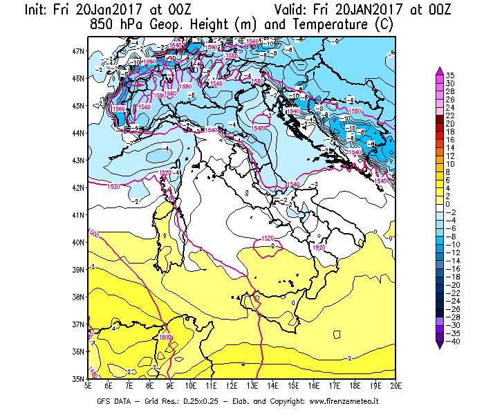 Mappa di analisi GFS - Geopotenziale [m] e Temperatura [°C] a 850 hPa in Italia
									del 20/01/2017 00 <!--googleoff: index-->UTC<!--googleon: index-->