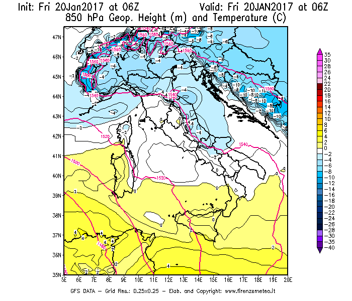 Mappa di analisi GFS - Geopotenziale [m] e Temperatura [°C] a 850 hPa in Italia
									del 20/01/2017 06 <!--googleoff: index-->UTC<!--googleon: index-->