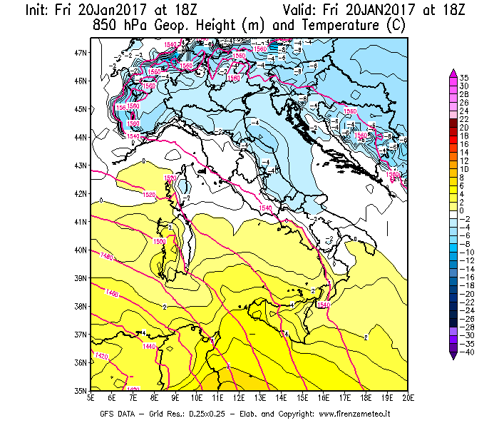 Mappa di analisi GFS - Geopotenziale [m] e Temperatura [°C] a 850 hPa in Italia
									del 20/01/2017 18 <!--googleoff: index-->UTC<!--googleon: index-->