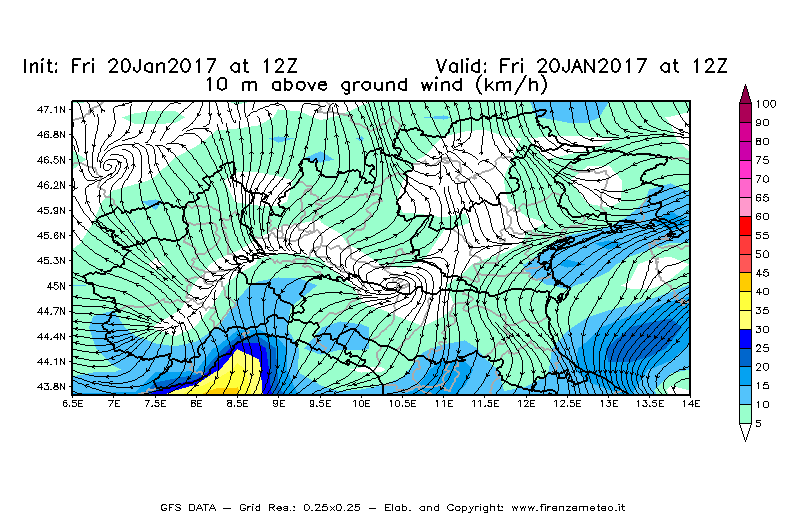 Mappa di analisi GFS - Velocità del vento a 10 metri dal suolo [km/h] in Nord-Italia
							del 20/01/2017 12 <!--googleoff: index-->UTC<!--googleon: index-->