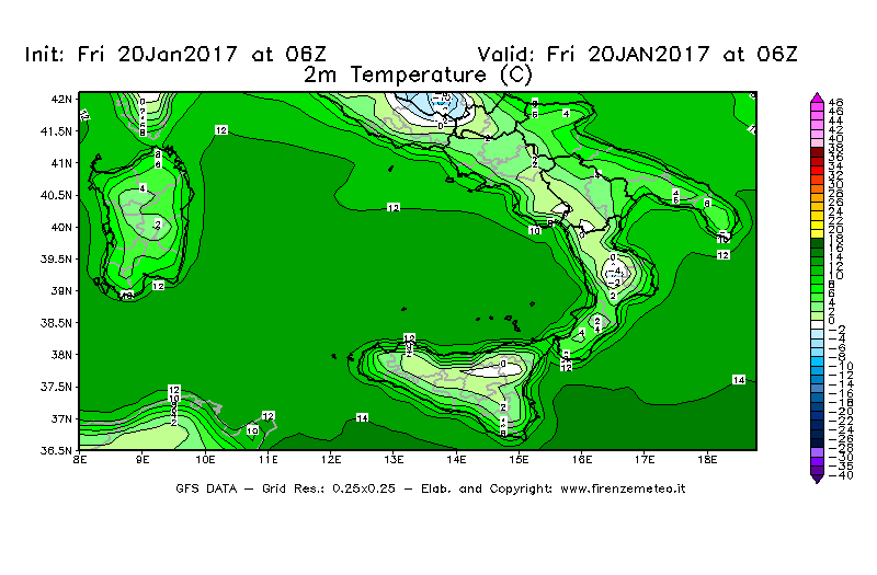 Mappa di analisi GFS - Temperatura a 2 metri dal suolo [°C] in Sud-Italia
							del 20/01/2017 06 <!--googleoff: index-->UTC<!--googleon: index-->