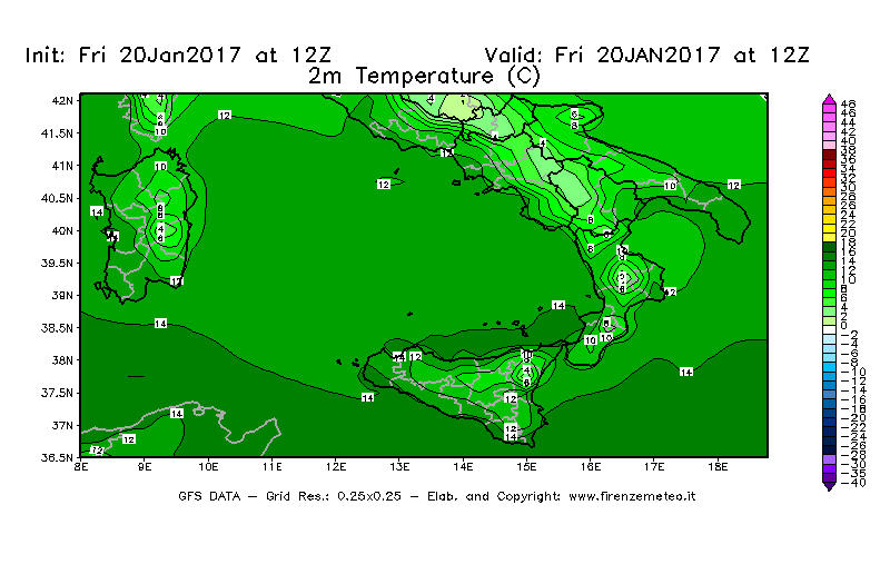 Mappa di analisi GFS - Temperatura a 2 metri dal suolo [°C] in Sud-Italia
							del 20/01/2017 12 <!--googleoff: index-->UTC<!--googleon: index-->