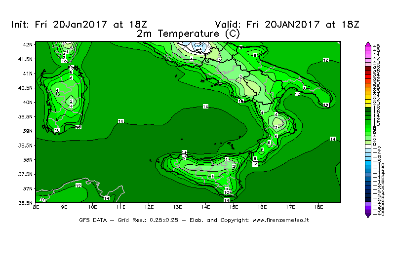 Mappa di analisi GFS - Temperatura a 2 metri dal suolo [°C] in Sud-Italia
							del 20/01/2017 18 <!--googleoff: index-->UTC<!--googleon: index-->