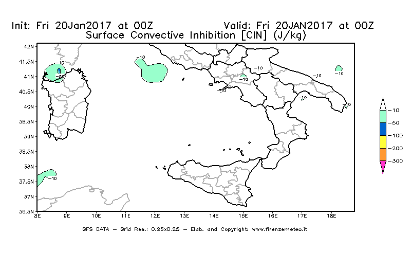 Mappa di analisi GFS - CIN [J/kg] in Sud-Italia
									del 20/01/2017 00 <!--googleoff: index-->UTC<!--googleon: index-->