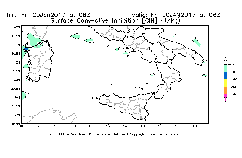 Mappa di analisi GFS - CIN [J/kg] in Sud-Italia
									del 20/01/2017 06 <!--googleoff: index-->UTC<!--googleon: index-->