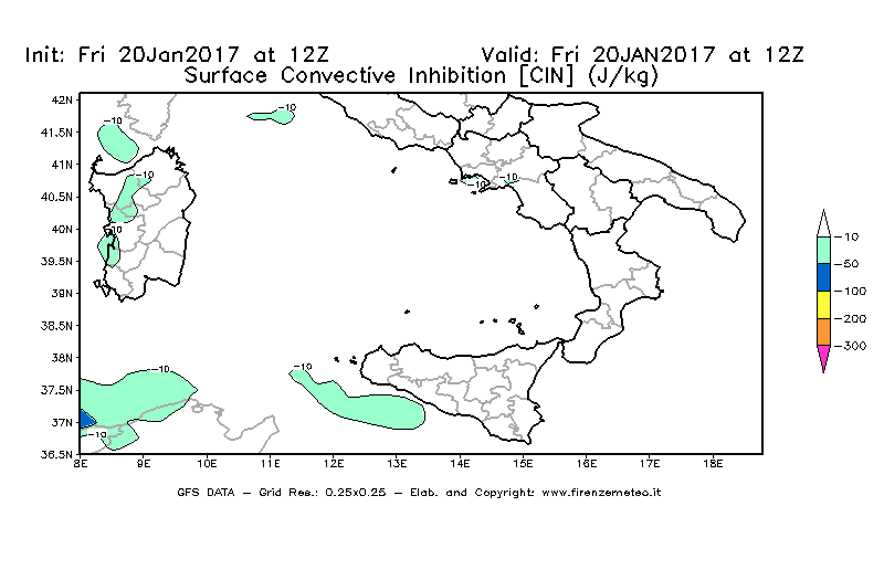 Mappa di analisi GFS - CIN [J/kg] in Sud-Italia
									del 20/01/2017 12 <!--googleoff: index-->UTC<!--googleon: index-->