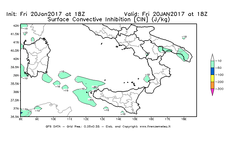 Mappa di analisi GFS - CIN [J/kg] in Sud-Italia
							del 20/01/2017 18 <!--googleoff: index-->UTC<!--googleon: index-->