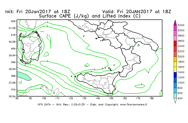 Mappa di analisi GFS - CAPE [J/kg] e Lifted Index [°C] in Sud-Italia
							del 20/01/2017 18 <!--googleoff: index-->UTC<!--googleon: index-->