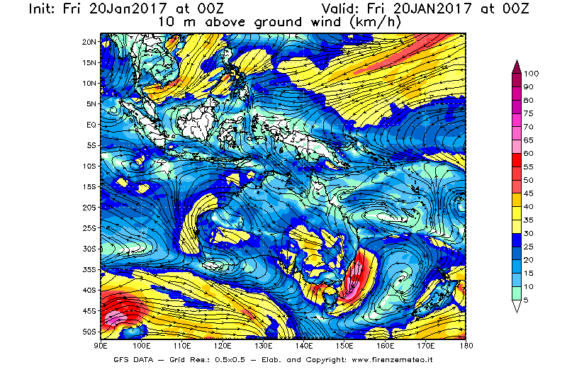 Mappa di analisi GFS - Velocità del vento a 10 metri dal suolo [km/h] in Oceania
							del 20/01/2017 00 <!--googleoff: index-->UTC<!--googleon: index-->