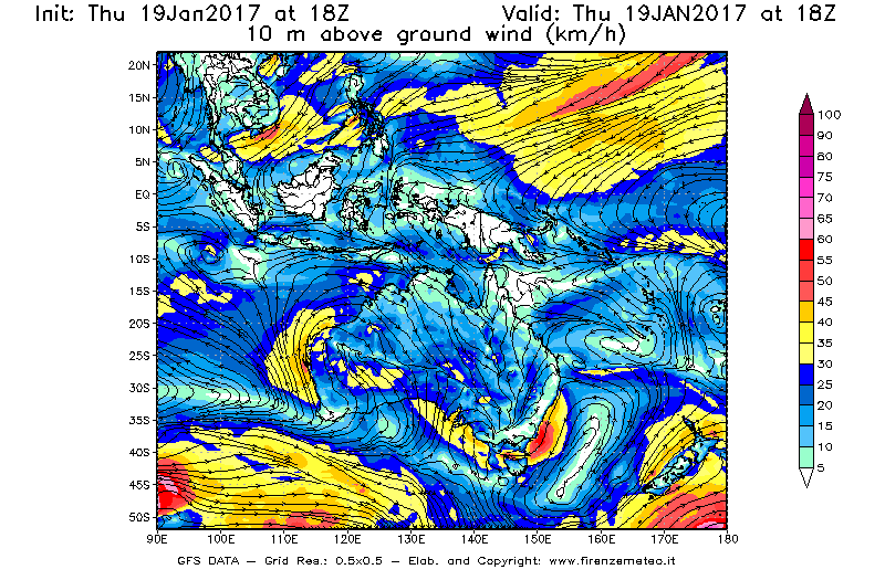 Mappa di analisi GFS - Velocità del vento a 10 metri dal suolo [km/h] in Oceania
							del 20/01/2017 18 <!--googleoff: index-->UTC<!--googleon: index-->
