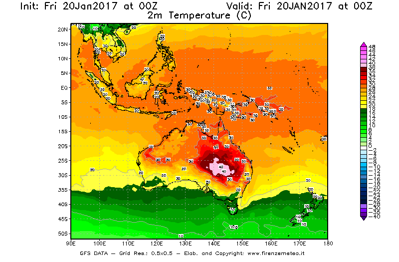 Mappa di analisi GFS - Temperatura a 2 metri dal suolo [°C] in Oceania
									del 20/01/2017 00 <!--googleoff: index-->UTC<!--googleon: index-->