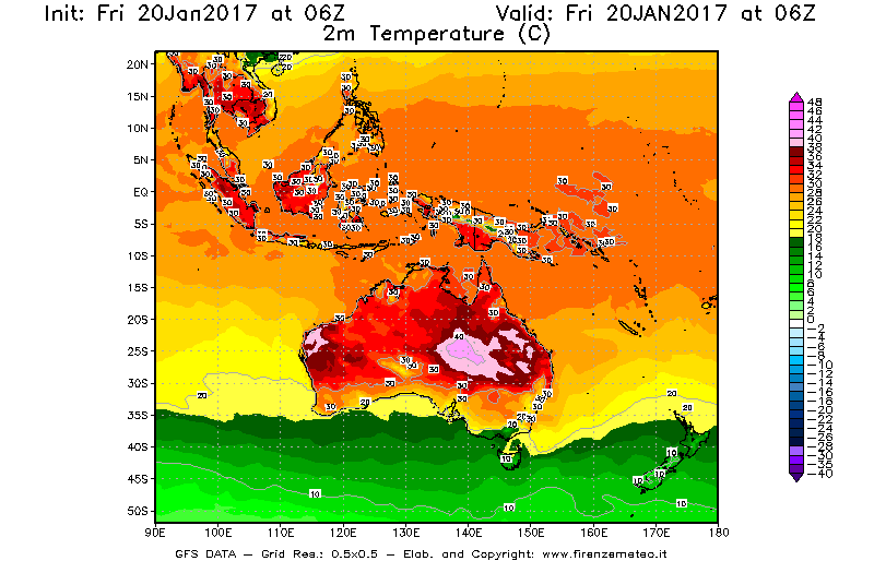 Mappa di analisi GFS - Temperatura a 2 metri dal suolo [°C] in Oceania
									del 20/01/2017 06 <!--googleoff: index-->UTC<!--googleon: index-->