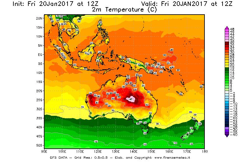 Mappa di analisi GFS - Temperatura a 2 metri dal suolo [°C] in Oceania
									del 20/01/2017 12 <!--googleoff: index-->UTC<!--googleon: index-->