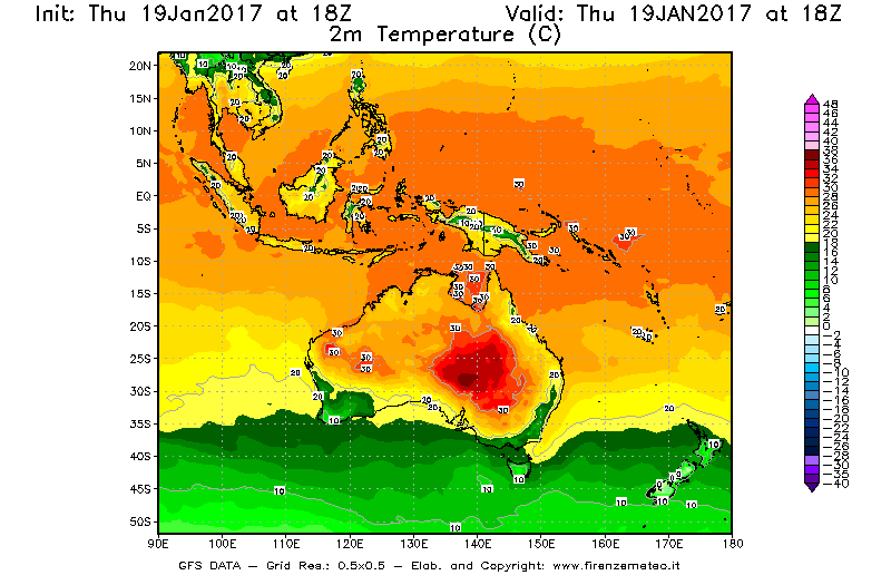 Mappa di analisi GFS - Temperatura a 2 metri dal suolo [°C] in Oceania
									del 20/01/2017 18 <!--googleoff: index-->UTC<!--googleon: index-->