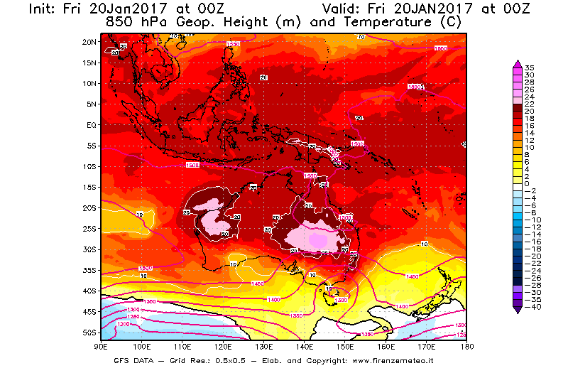 Mappa di analisi GFS - Geopotenziale [m] e Temperatura [°C] a 850 hPa in Oceania
							del 20/01/2017 00 <!--googleoff: index-->UTC<!--googleon: index-->