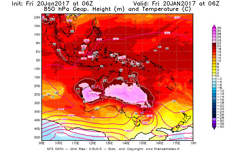 Mappa di analisi GFS - Geopotenziale [m] e Temperatura [°C] a 850 hPa in Oceania
									del 20/01/2017 06 <!--googleoff: index-->UTC<!--googleon: index-->