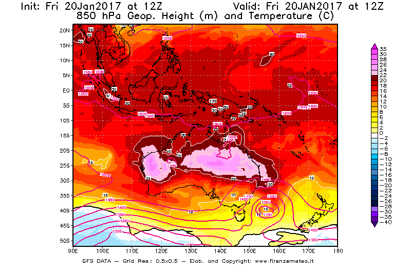 Mappa di analisi GFS - Geopotenziale [m] e Temperatura [°C] a 850 hPa in Oceania
									del 20/01/2017 12 <!--googleoff: index-->UTC<!--googleon: index-->