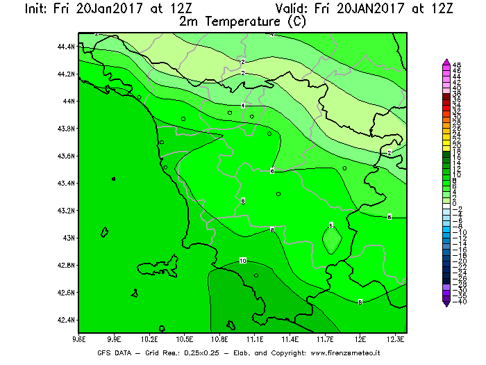 Mappa di analisi GFS - Temperatura a 2 metri dal suolo [°C] in Toscana
									del 20/01/2017 12 <!--googleoff: index-->UTC<!--googleon: index-->
