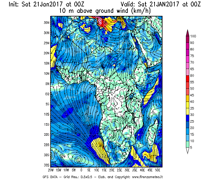 Mappa di analisi GFS - Velocità del vento a 10 metri dal suolo [km/h] in Africa
							del 21/01/2017 00 <!--googleoff: index-->UTC<!--googleon: index-->