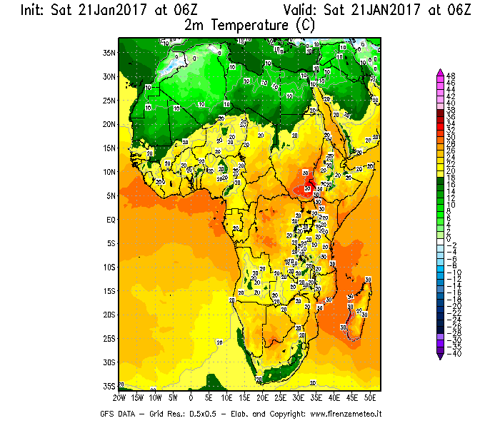 Mappa di analisi GFS - Temperatura a 2 metri dal suolo [°C] in Africa
							del 21/01/2017 06 <!--googleoff: index-->UTC<!--googleon: index-->