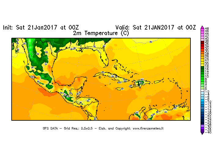 Mappa di analisi GFS - Temperatura a 2 metri dal suolo [°C] in Centro-America
							del 21/01/2017 00 <!--googleoff: index-->UTC<!--googleon: index-->