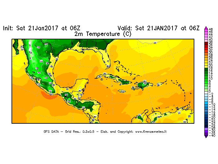 Mappa di analisi GFS - Temperatura a 2 metri dal suolo [°C] in Centro-America
							del 21/01/2017 06 <!--googleoff: index-->UTC<!--googleon: index-->