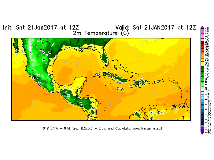 Mappa di analisi GFS - Temperatura a 2 metri dal suolo [°C] in Centro-America
							del 21/01/2017 12 <!--googleoff: index-->UTC<!--googleon: index-->