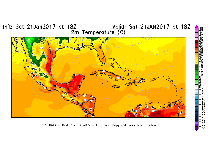 Mappa di analisi GFS - Temperatura a 2 metri dal suolo [°C] in Centro-America
							del 21/01/2017 18 <!--googleoff: index-->UTC<!--googleon: index-->