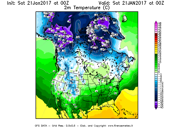 Mappa di analisi GFS - Temperatura a 2 metri dal suolo [°C] in Nord-America
							del 21/01/2017 00 <!--googleoff: index-->UTC<!--googleon: index-->