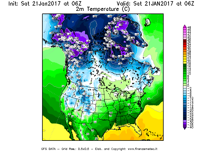Mappa di analisi GFS - Temperatura a 2 metri dal suolo [°C] in Nord-America
							del 21/01/2017 06 <!--googleoff: index-->UTC<!--googleon: index-->