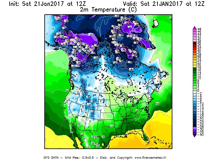 Mappa di analisi GFS - Temperatura a 2 metri dal suolo [°C] in Nord-America
							del 21/01/2017 12 <!--googleoff: index-->UTC<!--googleon: index-->