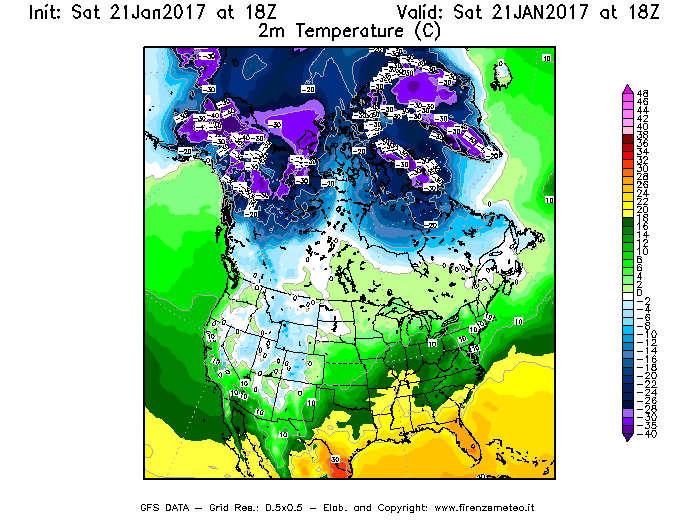 Mappa di analisi GFS - Temperatura a 2 metri dal suolo [°C] in Nord-America
							del 21/01/2017 18 <!--googleoff: index-->UTC<!--googleon: index-->