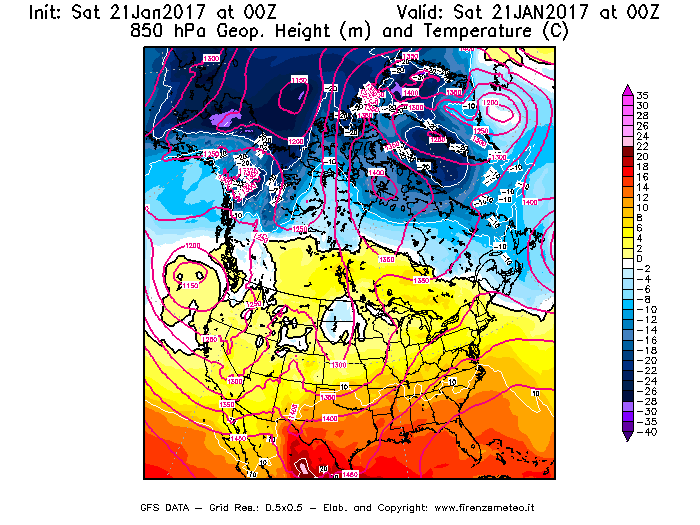 Mappa di analisi GFS - Geopotenziale [m] e Temperatura [°C] a 850 hPa in Nord-America
							del 21/01/2017 00 <!--googleoff: index-->UTC<!--googleon: index-->
