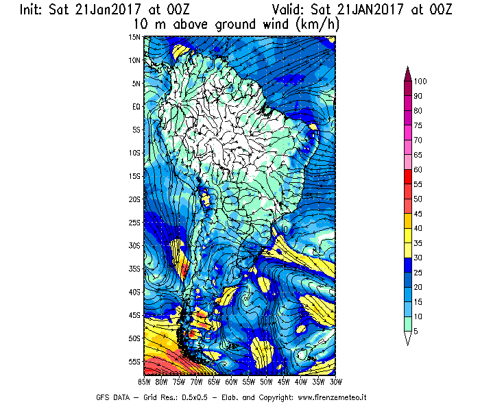 Mappa di analisi GFS - Velocità del vento a 10 metri dal suolo [km/h] in Sud-America
							del 21/01/2017 00 <!--googleoff: index-->UTC<!--googleon: index-->