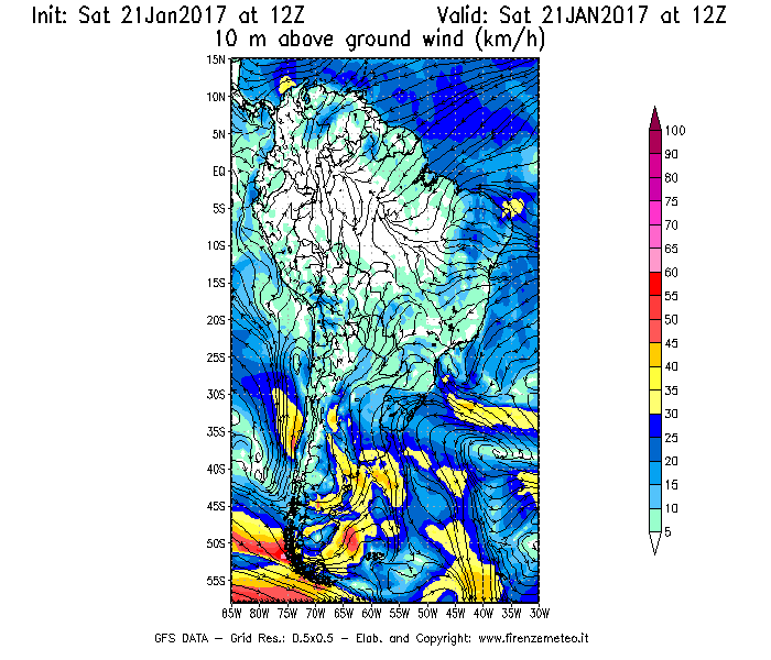 Mappa di analisi GFS - Velocità del vento a 10 metri dal suolo [km/h] in Sud-America
							del 21/01/2017 12 <!--googleoff: index-->UTC<!--googleon: index-->