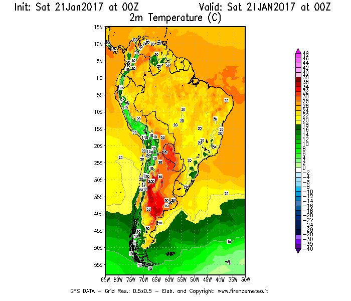 Mappa di analisi GFS - Temperatura a 2 metri dal suolo [°C] in Sud-America
							del 21/01/2017 00 <!--googleoff: index-->UTC<!--googleon: index-->