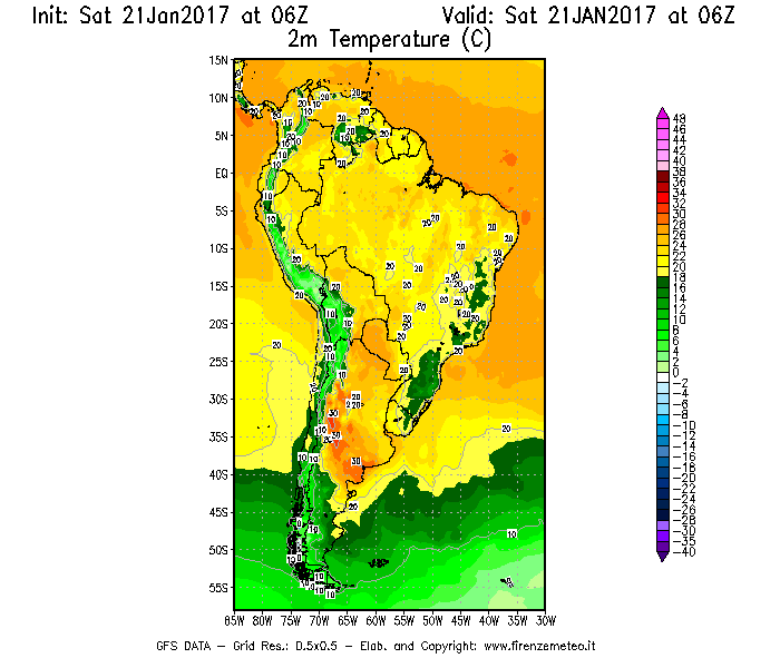 Mappa di analisi GFS - Temperatura a 2 metri dal suolo [°C] in Sud-America
							del 21/01/2017 06 <!--googleoff: index-->UTC<!--googleon: index-->